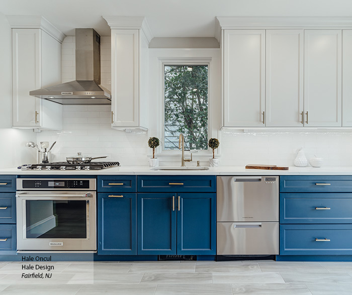 Casual Blue and White Painted Maple Kitchen Cabinets