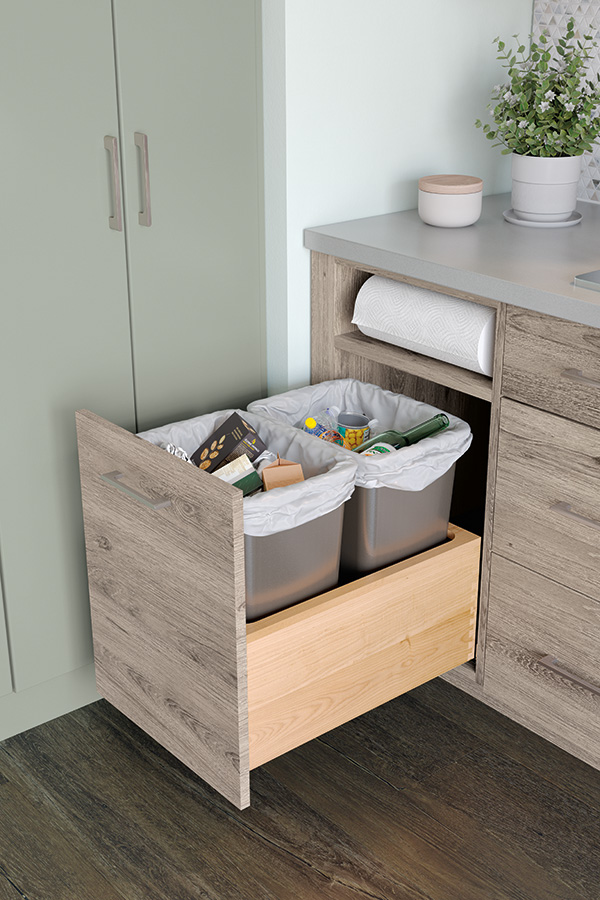 Waste Basket Full Height Door with Roll Tray - Omega Cabinet Interiors