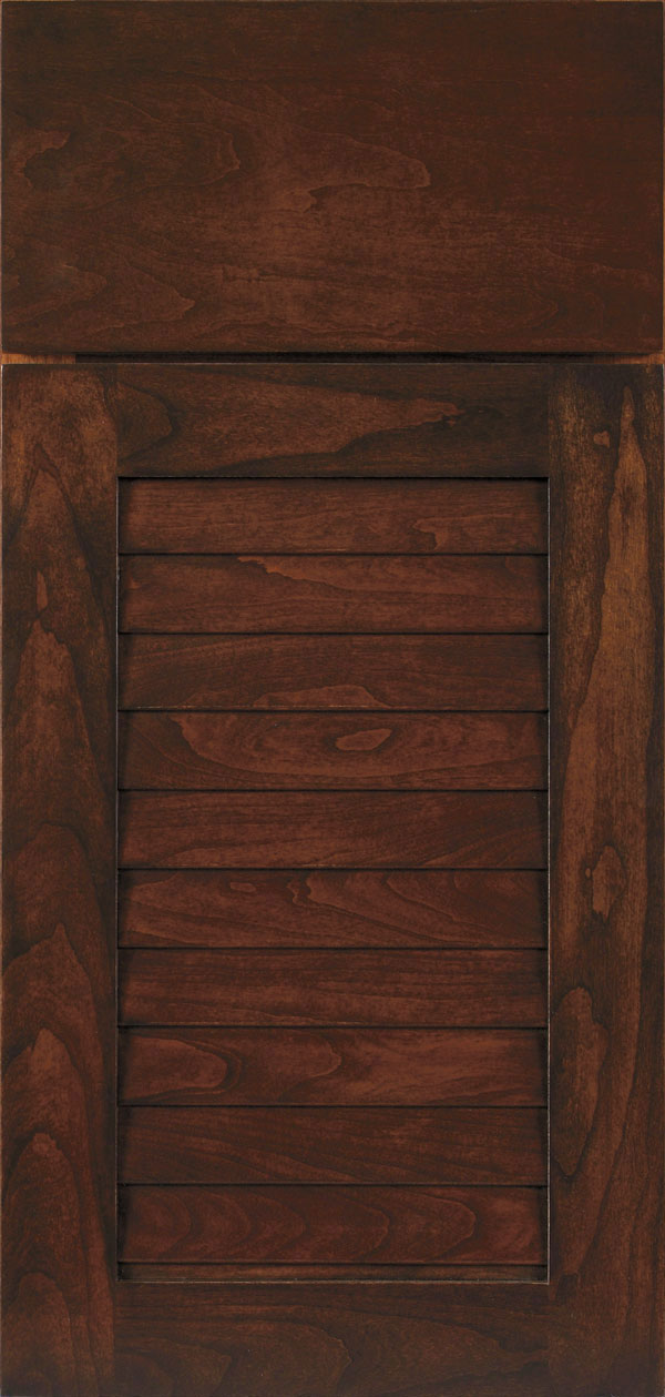 Cancun cherry louvered cabinet door in chestnut