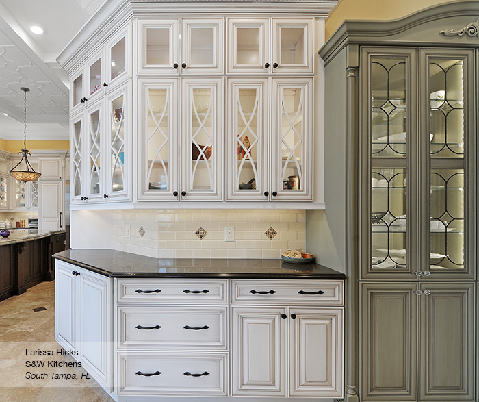 Artesia kitchen cabinets in maple pearl with island in cherry pesto