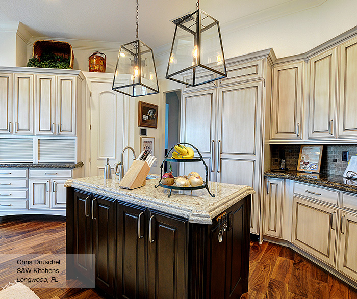 Danville kitchen cabinets in maple pearl with island in alder truffle