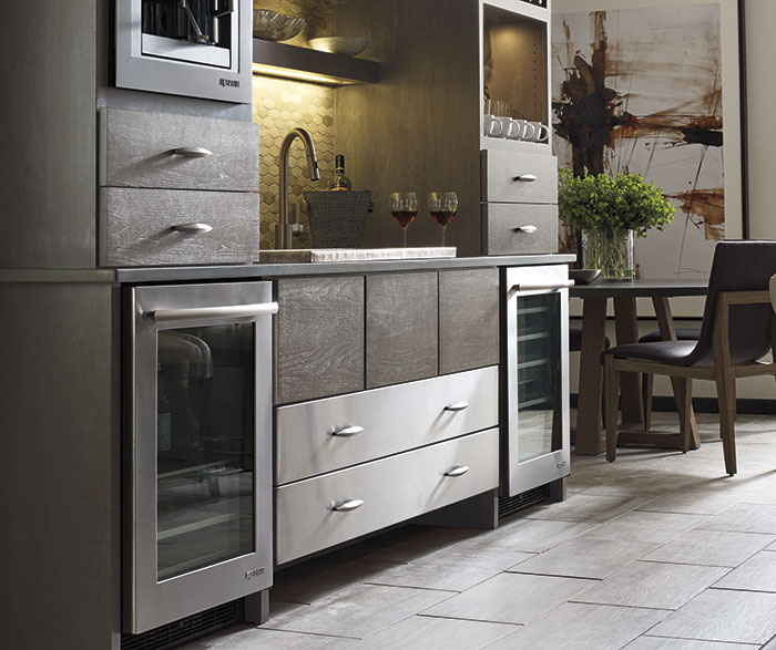Close-up of Tarin Walnut cabinets in Ceruse Gray finish
