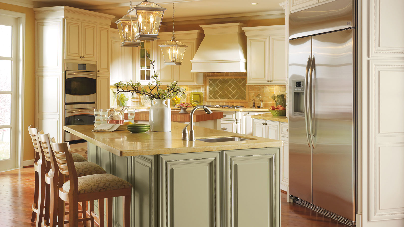 Off White Cabinets With A Dark Wood Kitchen Island Omega Off White Cabinets With A Dark Wood Kitchen Island Omega