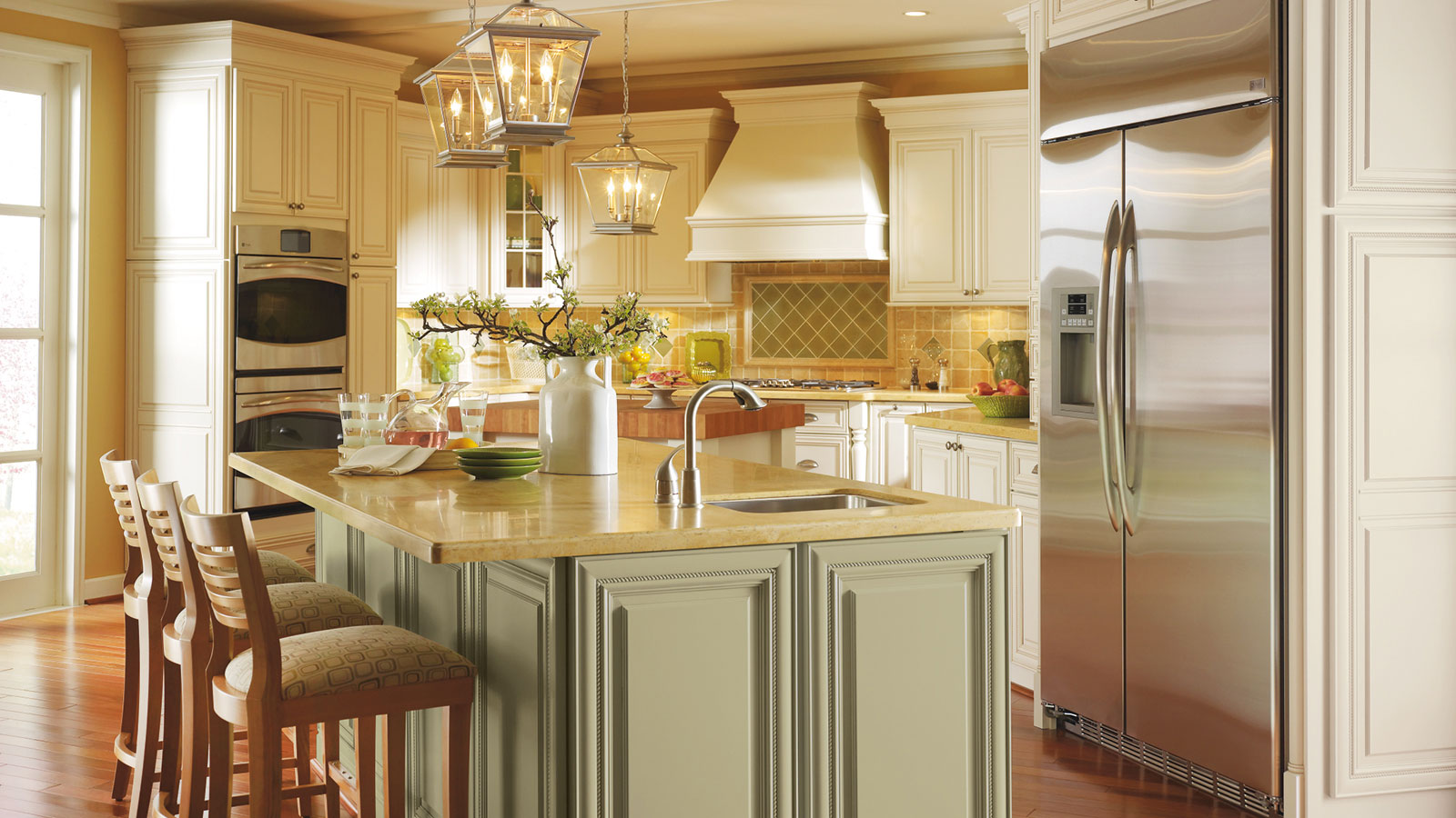 Off White Cabinets With A Dark Wood Kitchen Island Omega