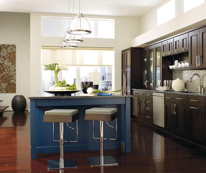 Dark Wood Cabinets With A Blue Kitchen, Brown Kitchen Island