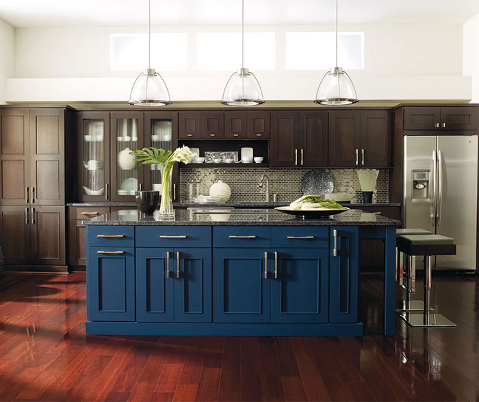 Dark Wood Cabinets With A Blue Kitchen, White Kitchens With Dark Blue Islands