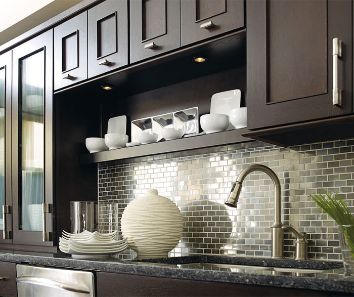 Close up of dark wood Metro cabinets in Truffle finish