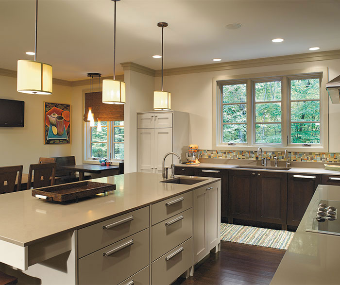 Wall Lift Up Hinge Cabinet Omega Cabinetry Dark Quartersawn Oak Monterey Cabinets With A Painted Kitchen Island