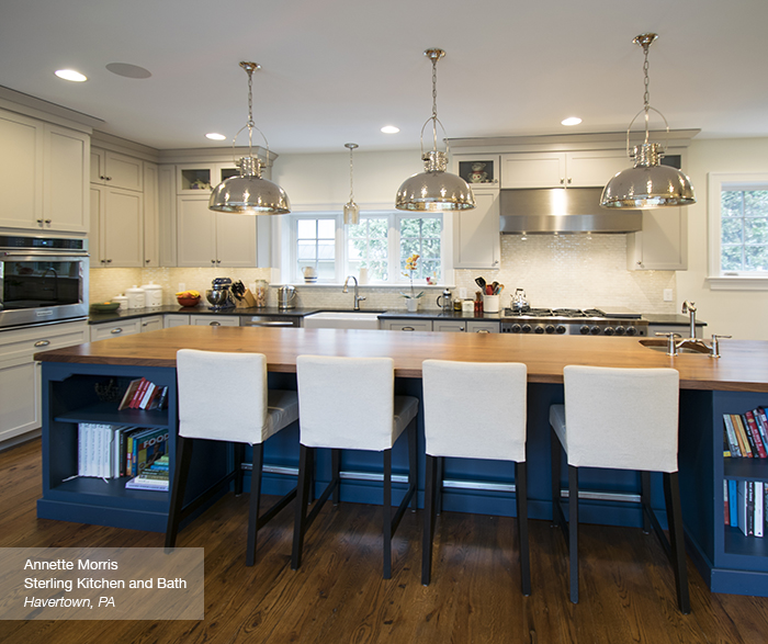 Off White Cabinets with a Blue Kitchen Island