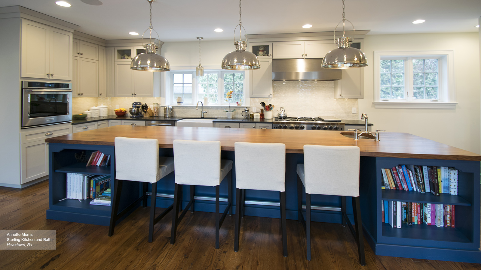 Off White Cabinets With A Blue Kitchen Island Omega