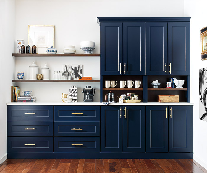 Butler's pantry with custom blue cabinets in the Renner door style