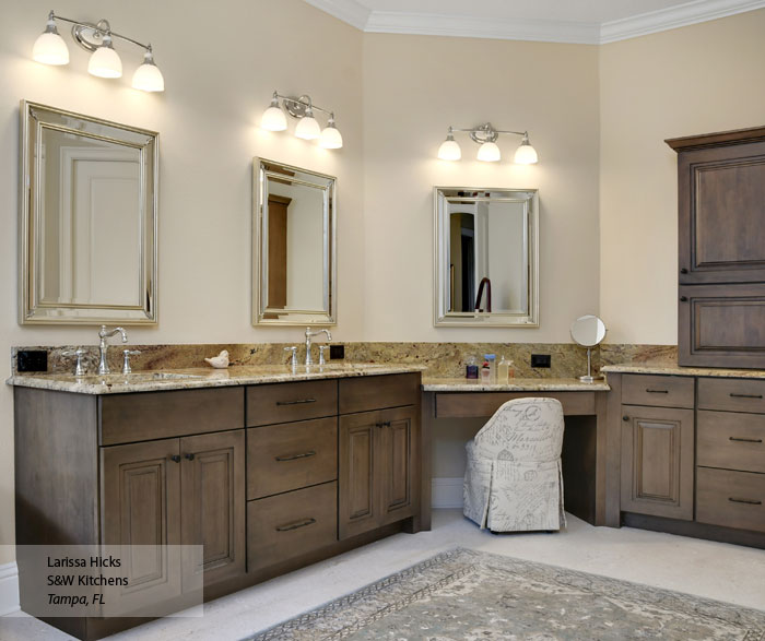 Renner Cherry bathroom cabinets in Riverbed finish with Onyx glaze