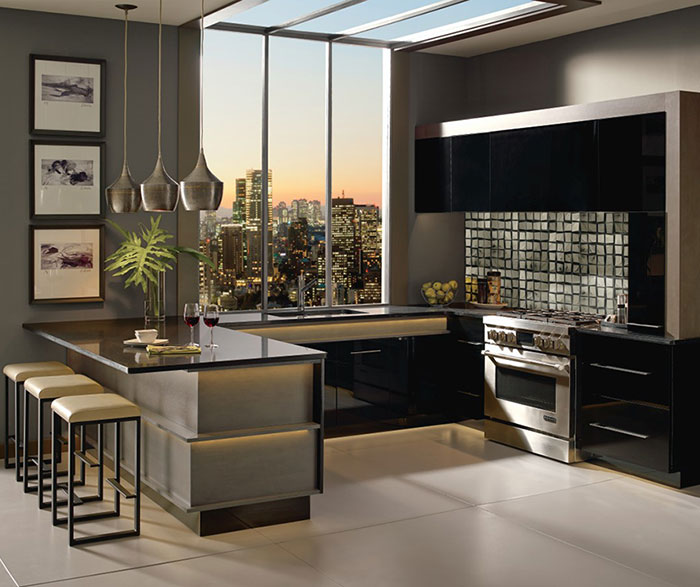 Contemporary Acrylic Kitchen Cabinets in Black Finish