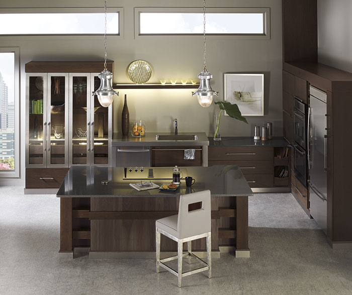 Tarin Walnut kitchen cabinets in Riverbed and Kodiak finishes