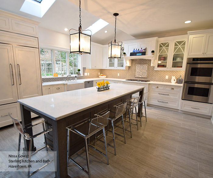 Elemental White inset cabinets with a large Ceruse Gray kitchen island