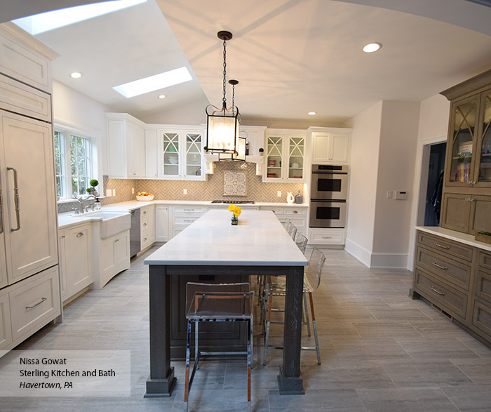 White Inset Cabinets With A Gray Kitchen Island Omega