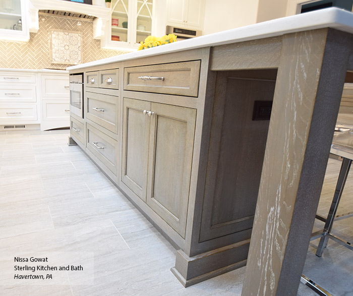 Close-up of large Ceruse Gray kitchen island