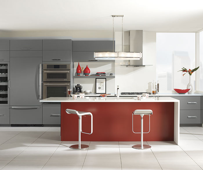 Gray Cabinets With A Red Kitchen Island, Red Kitchen Island