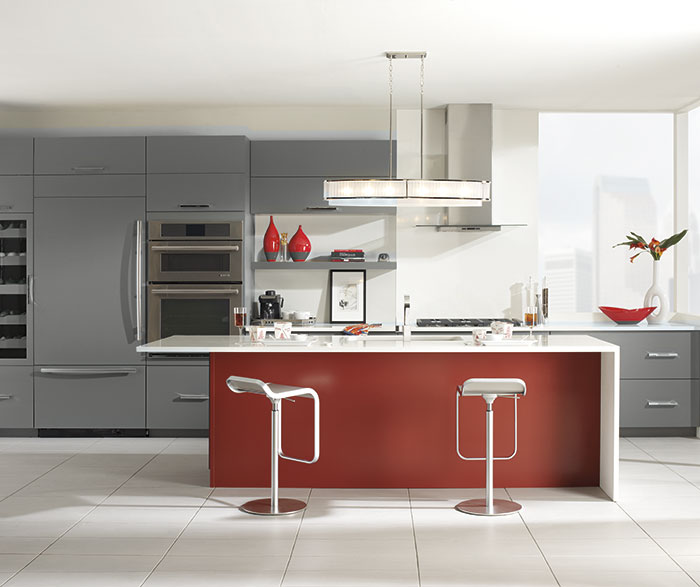 Gray Cabinets With A Red Kitchen Island Omega Cabinetry