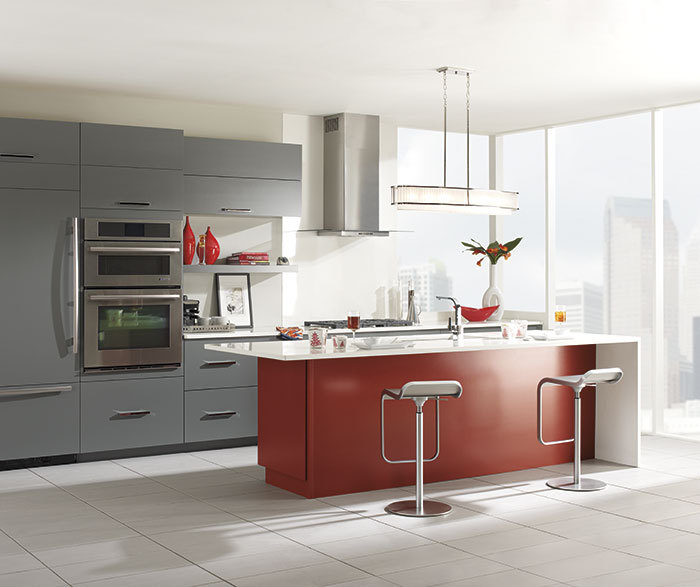 Vail Battleship Gray cabinets with a custom red kitchen island