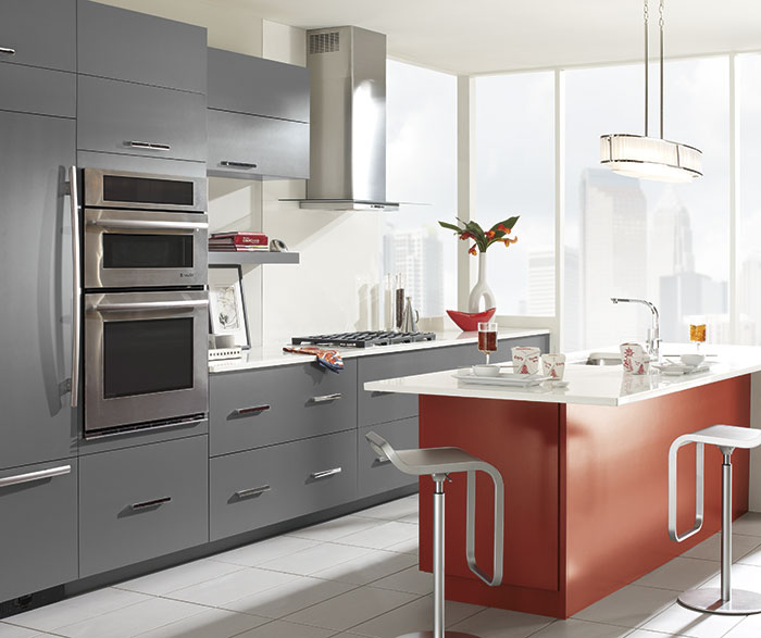 Gray Cabinets with a Red Kitchen Island