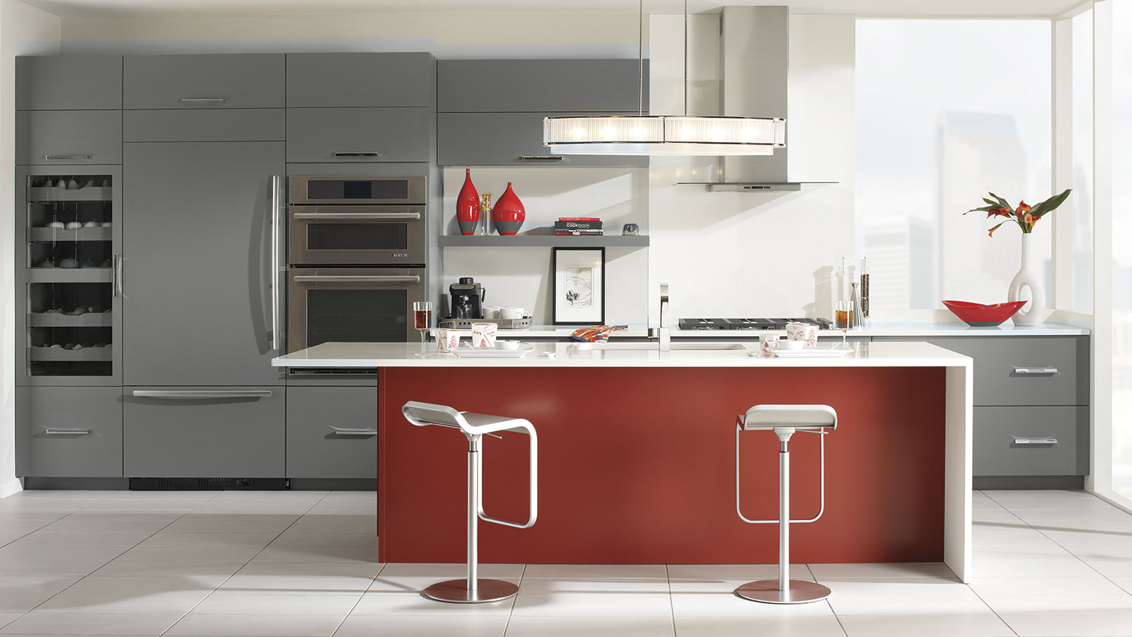 Gray Cabinets With A Red Kitchen Island Omega Cabinetry