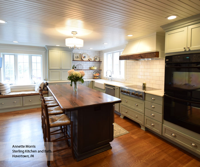 Williamsburg farmhouse kitchen cabinets in Maple Rain and Cherry Smokey Hills finishes