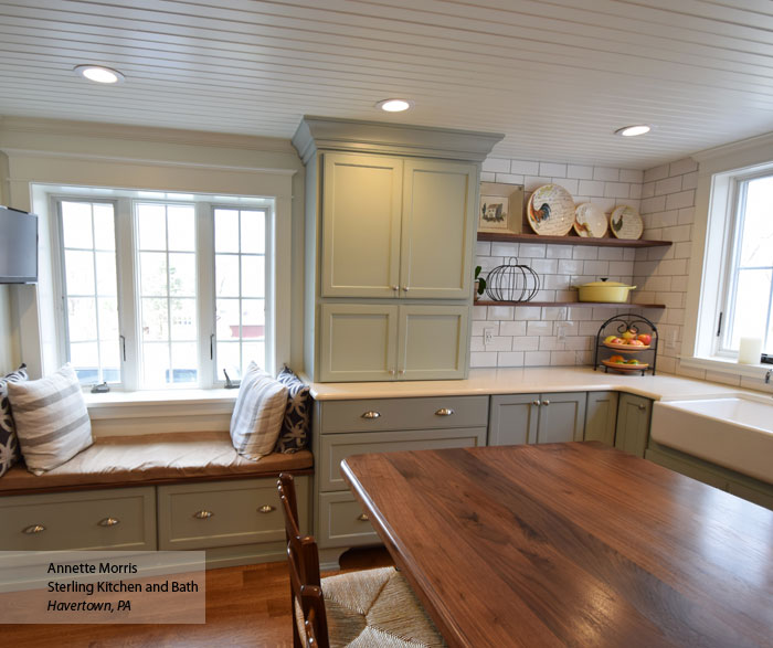 Williamsburg farmhouse kitchen cabinets in Maple Rain and Cherry Smokey Hills finishes