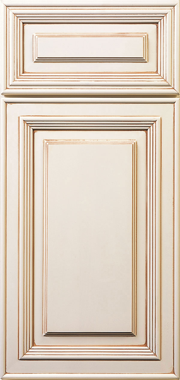 sanibel cabinet door style in maple wood with pearl finish and pewter glaze