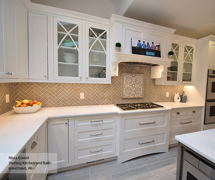 White Inset Cabinets with a Gray Kitchen Island