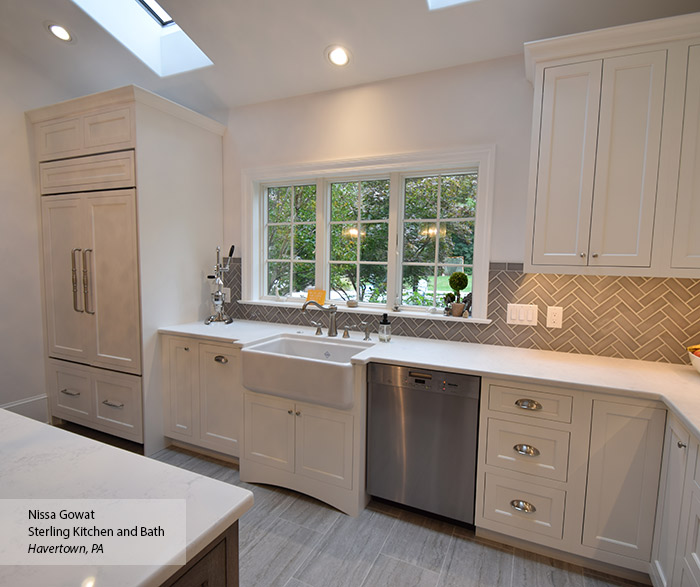 White Inset Cabinets with a Gray Kitchen Island