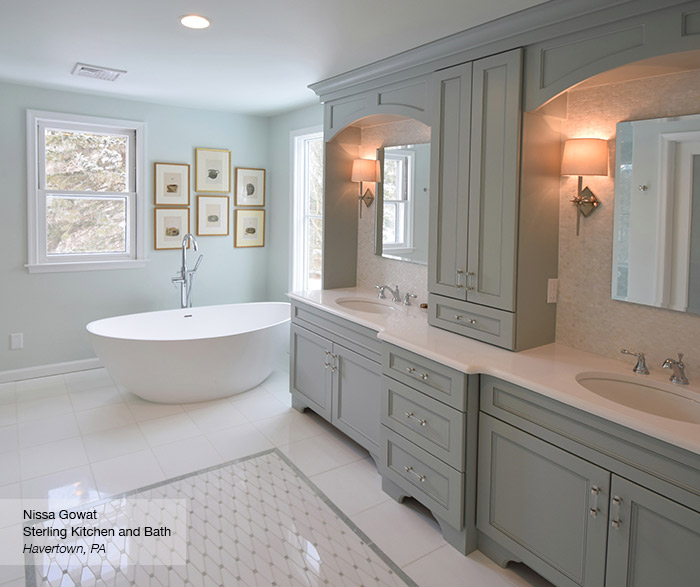 Brentwood master bath cabinets in Maple Rain