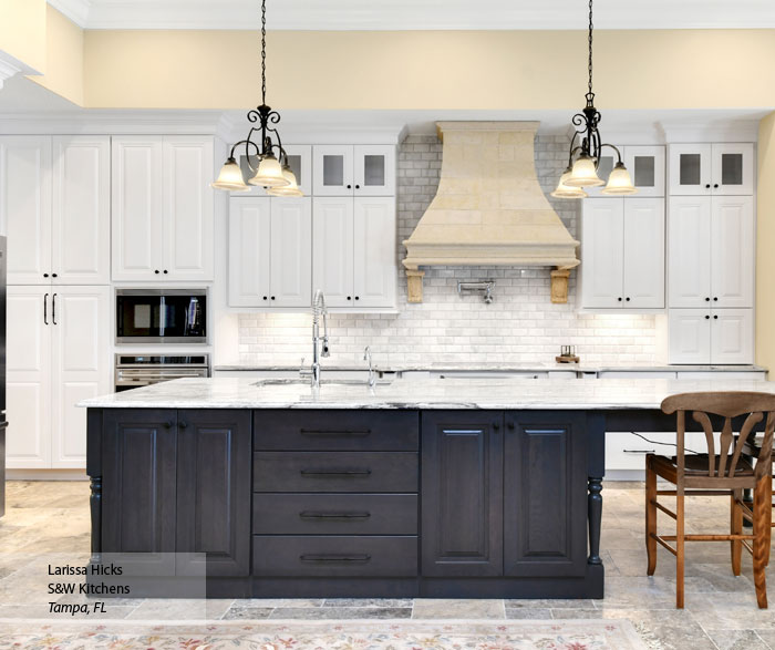 Traditional Kitchen with White Cabinets and a Gray Island