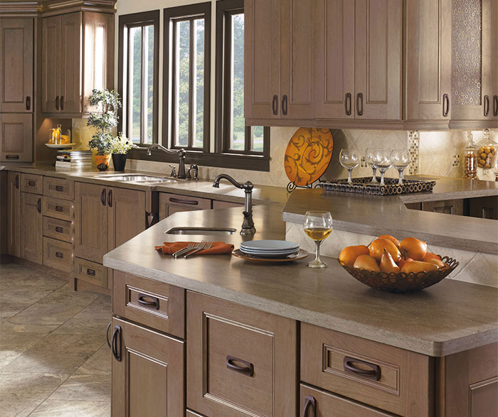 Close up of Laroche Cherry cabinets in Riverbed finish