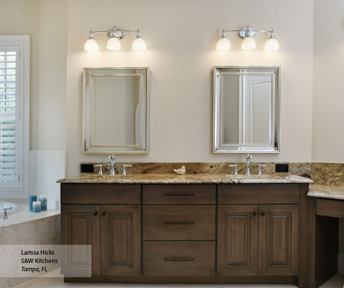 Renner Cherry bathroom cabinets in Riverbed finish with Onyx glaze