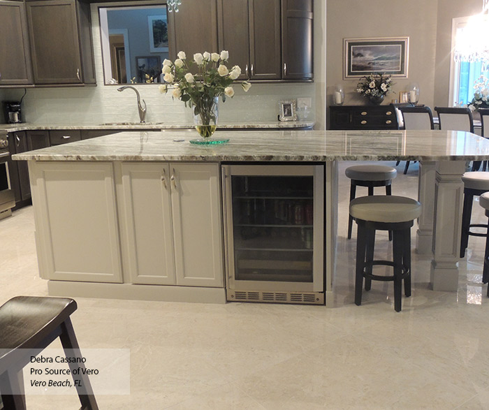 Close-up of off white kitchen island in Ultima kitchen