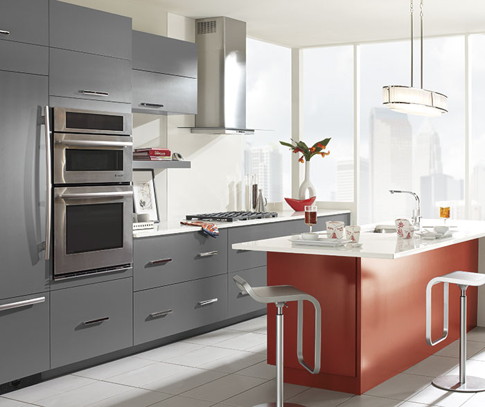 Vail Battleship Gray cabinets with a custom red kitchen island