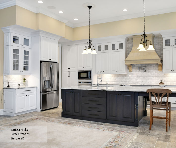 Traditional kitchen with white cabinets and a gray kitchen island